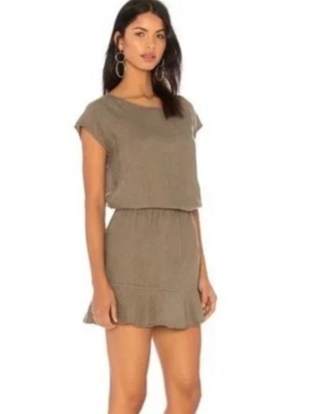 Joie “Quora” greenish gray 100% Linen short Sleeve Ruffle Hem Dress size small